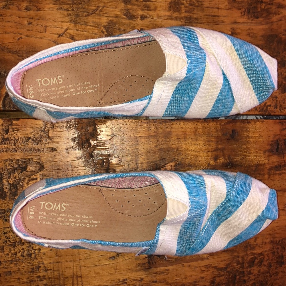 Blue and white striped Toms classic shoes